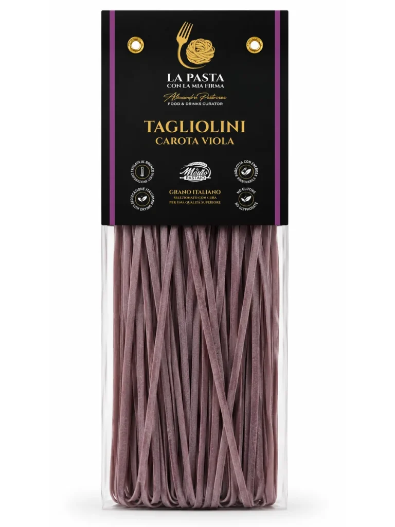 Tagliolini carote viola Confezione di Tagliolini carote viola in semola di grano duro Senatore Cappelli