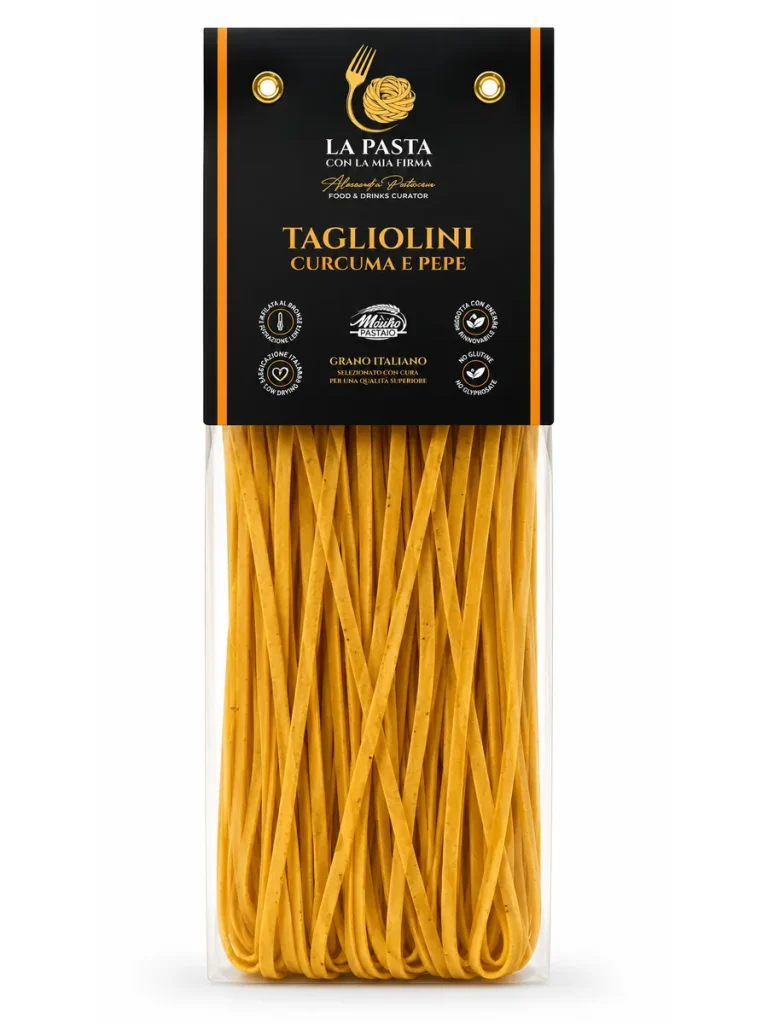 Tagliolini curcuma e pepe Confezione di Tagliolini curcuma e pepe in semola di grano duro Senatore Cappelli