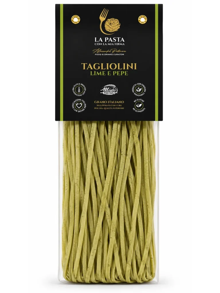 Tagliolini lime e pepe Confezione di Tagliolini lime e pepe in semola di grano duro Senatore Cappelli