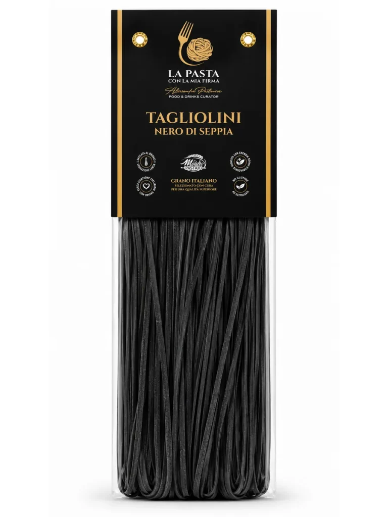 Tagliolini nero di seppia Confezione di Tagliolini nero di seppia in semola di grano duro Senatore Cappelli