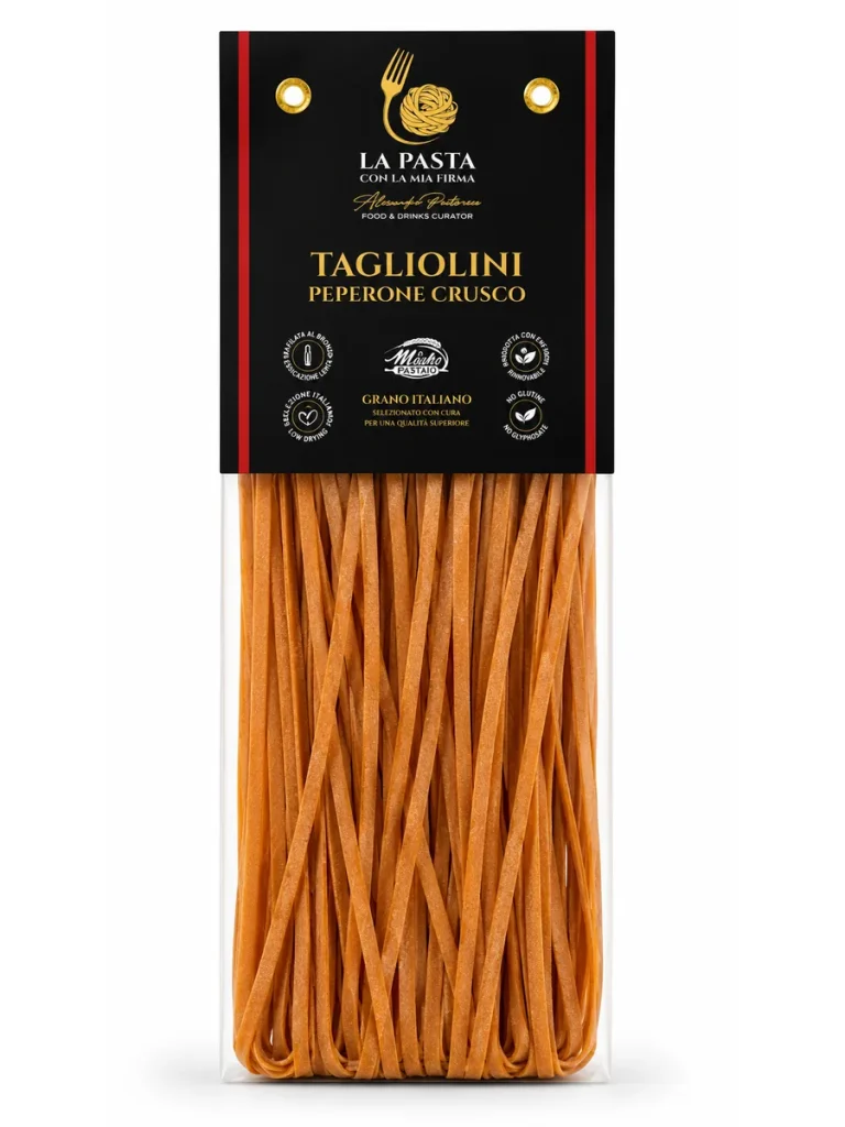 Tagliolini peperone crusco Confezione di Tagliolini peperone crusco in semola di grano duro Senatore Cappelli