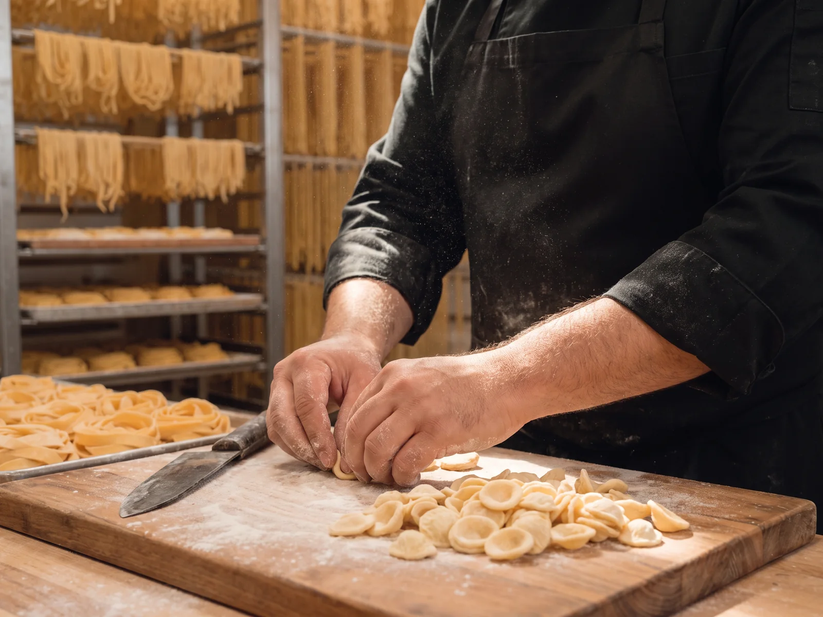 Mani che formano orecchiette fresche su un tagliere infarinato